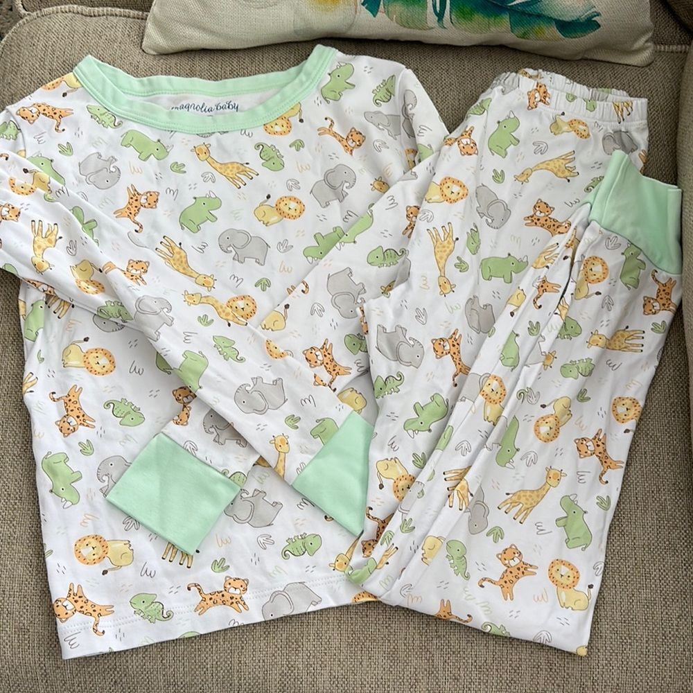 Magnolia Green and White Pajama Set with Animal Print